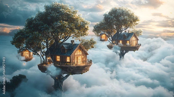 Fototapeta Dreamy image of two floating houses nestled among the clouds evoking a sense of serenity and wonder