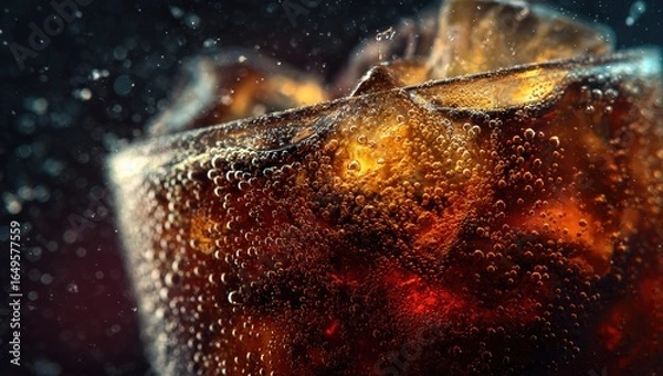 Obraz Close-up of a glass of fizzy soda with ice. Sparkling liquid, ice cubes, and effervescence fill the glass