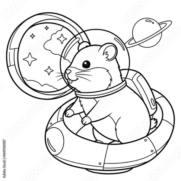 Fototapeta Adorable space hamster in astronaut helmet flying in rocket perfect for children activity books and space art