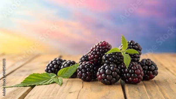Fototapeta A pile of blackberries with green leaves on a wooden surface against a colorful sky background