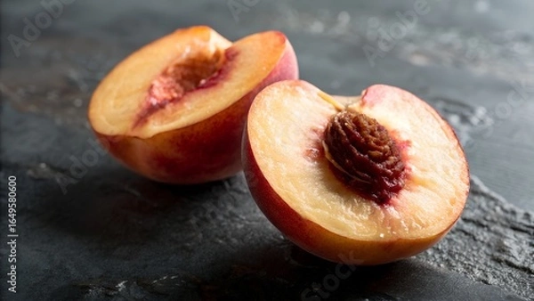 Fototapeta Close up of two peach halves with one showing the pit on a dark textured surface in soft lighting