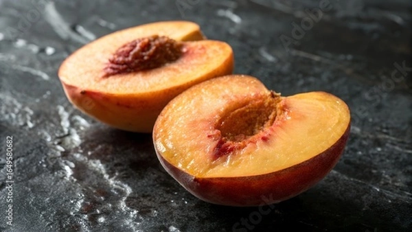 Fototapeta Two peach halves with pits displayed on a dark textured surface in close up studio lighting