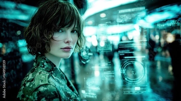 Fototapeta Female soldier in digital camo with holographic display. AI-generated.