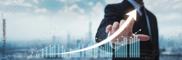 Fototapeta Businessman Pointing at an Upward Arrow, financial business growth and progress, success and strategy.