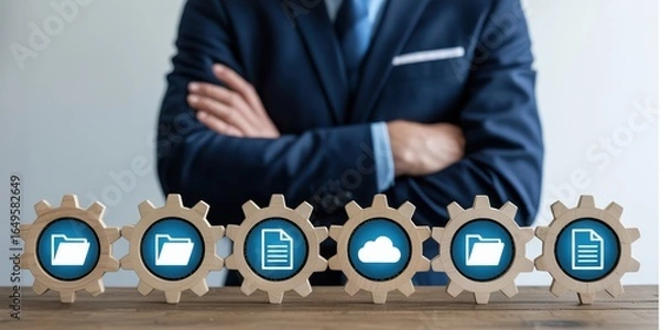Fototapeta Businessman with Business Icon Gears, workflow and process management, digital data and planning.