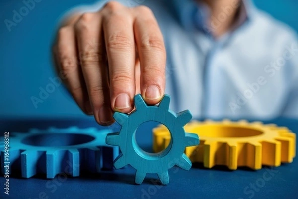 Fototapeta Hand Placing a Blue Gear, teamwork and business process, solution concept.