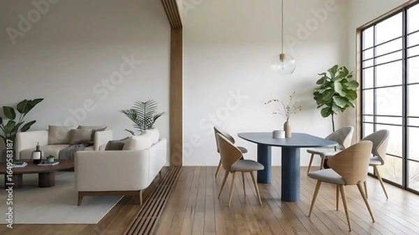 Fototapeta Japandi, minimalist interior design of modern living room. Dining room with blue dining table and stylish chairs....