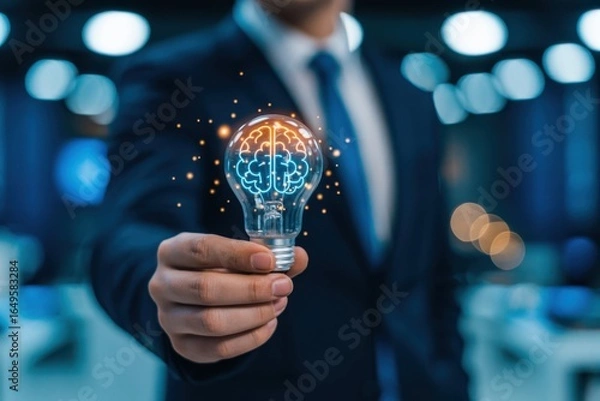 Fototapeta Businessman Holding an Idea Light Bulb, creative thinking and business innovation, problem solving.
