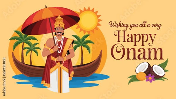 Fototapeta Happy Onam greeting with King Mahabali holding umbrella, boat race, palm trees, coconuts, flowers and sunburst, Kerala festival scene