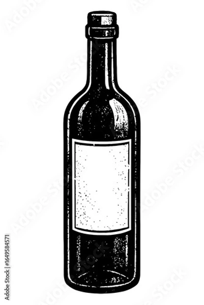 Obraz Grunge Black and White Wine Bottle Vector - Rustic Hand-Drawn Drink Graphic for Winery, Bar, and Celebration Designs