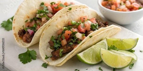 Fototapeta Three tacos filled with meat and vegetables served with lime wedges and a bowl of salsa on a plate