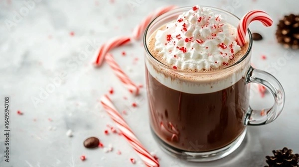 Fototapeta Indulgent peppermint hot chocolate topped with whipped cream, sprinkled with festive red sugar crystals and adorned with a classic candy cane, creating a cozy winter beverage experience.