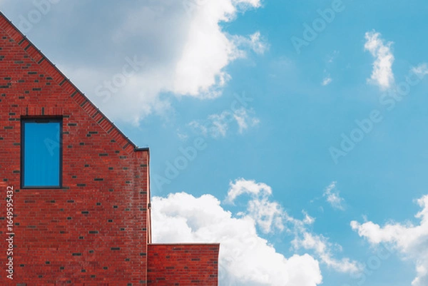 Fototapeta Red brick building with gable and window against blue sky, copy space