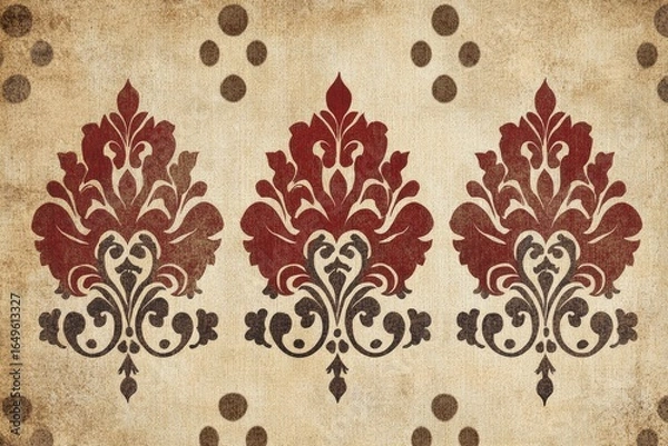 Obraz Ornate damask pattern on aged paper.  Three symmetrical, repeating motifs in maroon/burgundy and dark brown, featuring intricate scrollwork and stylized floral details.