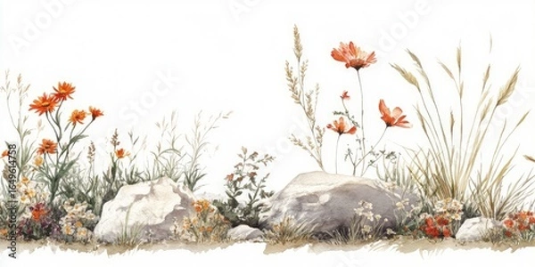 Fototapeta Watercolor illustration of wildflowers and grasses bordering rocks.  A horizontal display of various orange and light brown wildflowers, tall grasses, and gray rocks against a white background.  
