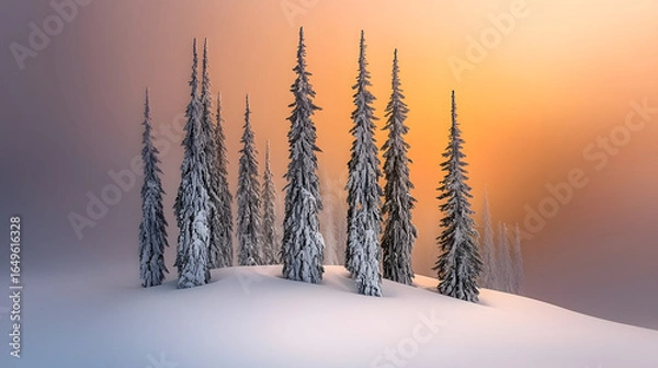 Fototapeta Serene snowy landscape featuring tall trees blanketed in fresh snow under a blue winter sky