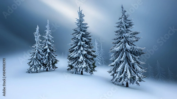 Fototapeta Enchanting snowy scene depicting three trees standing proudly amidst a blanket of sparkling snow