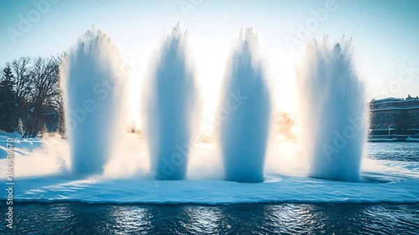 Fototapeta Elegant fountain surrounded by snow in a winter scene with sparkling water and a calm atmosphere