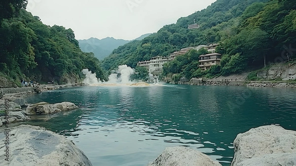 Fototapeta Serene river flowing gently with a majestic waterfall cascading down rocks in a lush green landscape