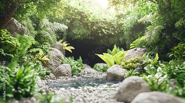 Fototapeta Picturesque stream flowing through a dense forest with sunlight filtering through the lush green canopy