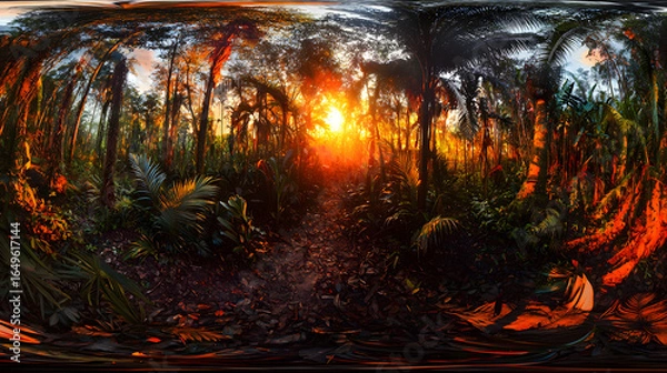 Fototapeta Breathtaking forest silhouette against a vibrant sunset with warm colors and a peaceful atmosphere