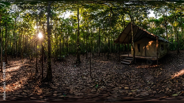 Fototapeta Cozy tent nestled in a peaceful forest surrounded by tall trees and serene natural landscape