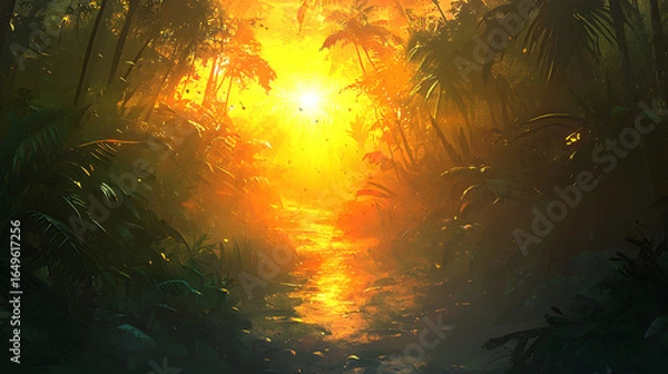 Fototapeta Mysterious jungle illuminated by bright light shining from above creating an enigmatic atmosphere