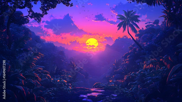 Fototapeta Breathtaking sunset in the heart of the jungle with vibrant colors and a tranquil atmosphere