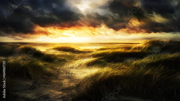 Fototapeta Scenic beach with dramatic cloudy sky overlooking turquoise waters and soft sandy shoreline