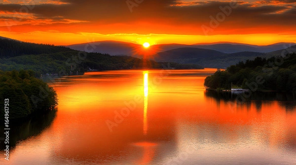 Fototapeta Serene lake with a stunning sunset in the background creating a beautiful reflection on calm water