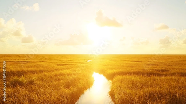 Fototapeta Expansive field of tall grass gently swaying in the breeze under a clear blue sky and sunshine