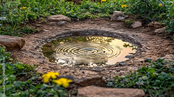 Fototapeta Serene puddle on the ground reflecting the surrounding environment in a calm natural setting