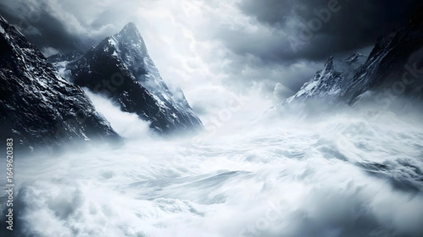 Fototapeta Majestic mountain peak rising above with dramatic clouds shrouding the summit in a vivid sky