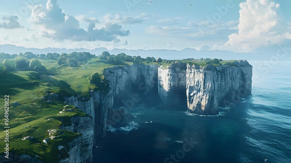 Fototapeta Breathtaking view of a rugged cliff overlooking a vast expanse of ocean waves and dramatic horizon