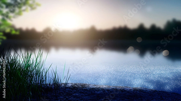 Fototapeta Picturesque lake with several trees surrounding the shoreline creating a tranquil atmosphere