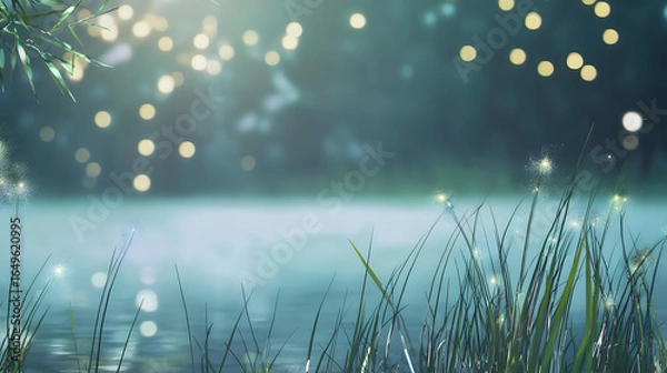 Fototapeta Beautiful lake framed by lush green grass and sparkling water under a bright sunny sky