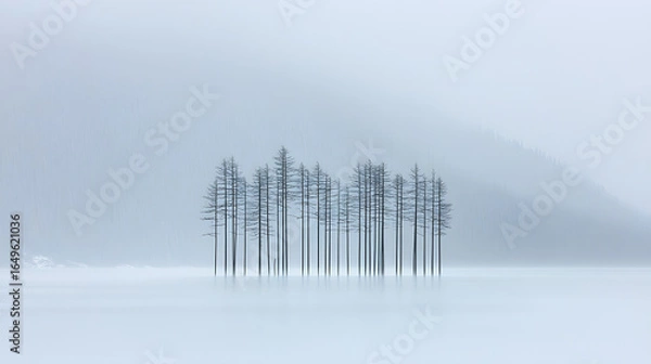 Fototapeta Enchanting foggy forest scene with tall trees and mysterious atmosphere in nature's embrace