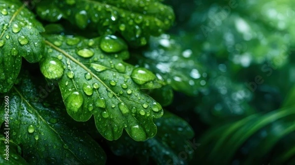 Fototapeta Capturing the lush greenery, this image showcases vibrant leaves adorned with glistening water droplets, highlighting the beauty of nature in its purest form.