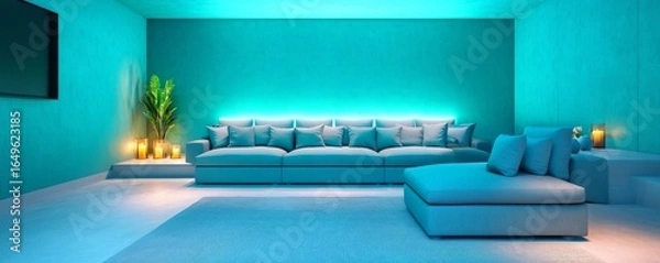 Fototapeta Modern Teal Living Room Sofa, Ambient Lighting and Plant Decor, Interior design, Home decor