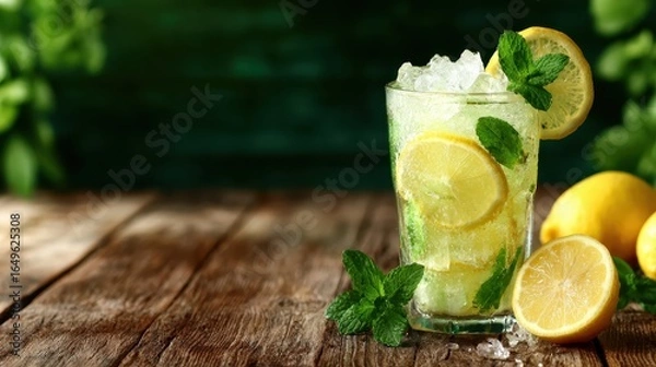 Fototapeta An enticing glass of lemonade cocktail showcasing fresh lemon slices and mint, placed on rustic wood, evoking a refreshing, summery vibe ideal for relaxation and enjoyment.