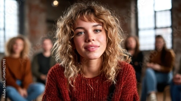 Fototapeta A young woman with curly hair smiles warmly at the camera, with a blurred background of people, embodying confidence and connection in an inviting, artistic ambiance.