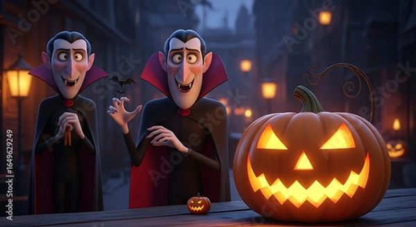 Fototapeta Two cartoon vampires with pumpkins celebrate halloween in a spooky animated movie scene outdoors