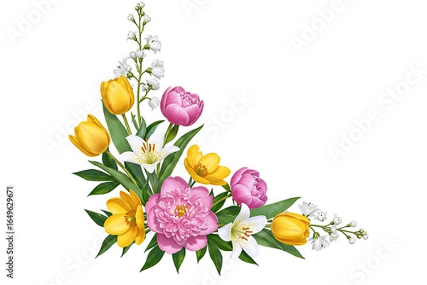 Fototapeta A fresh spring floral corner arrangement with pink peonies and yellow tulips. This beautiful and cheerful design element is perfect for Easter or seasonal decorations.