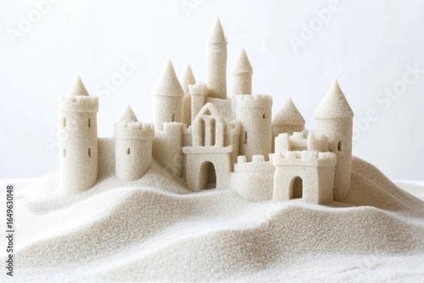 Fototapeta A meticulously crafted sandcastle, shaped like a medieval castle, sits atop a bed of fine, white sand.  