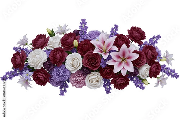 Fototapeta A beautiful, long floral arrangement with purple and red flowers, including lilies and lavender. This moody and luxurious centerpiece is perfect for elegant event decorations.