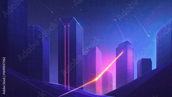 Fototapeta Neon cityscape at night, futuristic architecture with glowing lines
