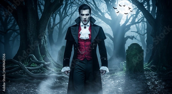 Fototapeta A vampire in a dark forest with a full moon and bats flying overhead in a halloween scene setting