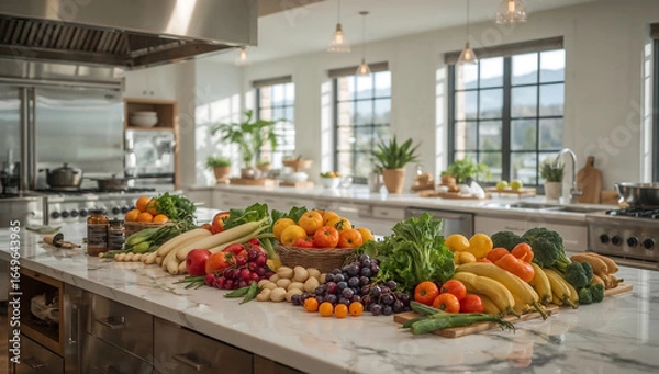 Fototapeta Photo of abundance of fresh produce displayed on a kitchen island in a bright and modern home interior