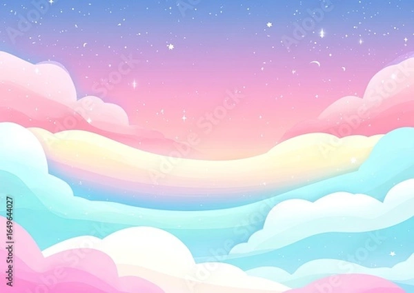 Fototapeta Pastel cloudscape with a starry night sky.  Soft, colorful clouds in shades of pink, purple, blue, and yellow, layered to create depth, and scattered stars.  