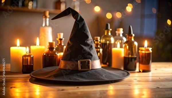 Fototapeta Generate. Witch Hat and Potion Bottles